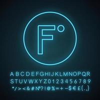 ícone de luz neon de temperatura de graus fahrenheit. escala fahrenheit. sinal brilhante com alfabeto, números e símbolos. ilustração vetorial isolada vetor