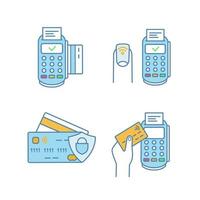 Conjunto de ícones de cores de pagamento nfc. terminal pos, manicure nfc, cartões de crédito. ilustrações vetoriais isoladas vetor
