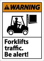 aviso de tráfego de empilhadeira seja sinal de alerta em fundo branco vetor