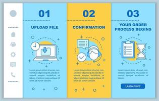 suporte ao cliente onboarding modelo de vetor de páginas da web móvel. upload de arquivo, confirmação, processamento de pedidos. serviço digital. interface de site de smartphone responsivo. telas passo a passo da página da web