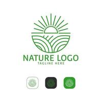 modelo de logotipo do nascer do sol com sol e grama verde e laranja jardim para fazenda e natureza vetor