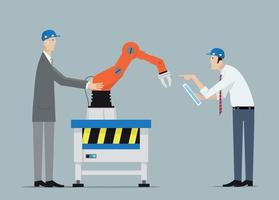 conceito de automação de fábrica da indústria 4.0. engenheiros discutindo sobre mãos robóticas. vetor