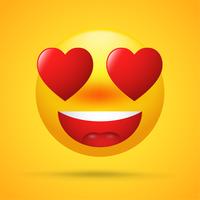 Emoticons de desenhos animados com amor no dia dos namorados. formas vermelhas do coração do globo ocular no fundo amarelo brilhante. vetor