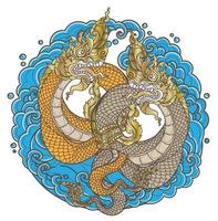 arte de tatuagem flor de dragão tailandês desenho e esboço de mão vetor