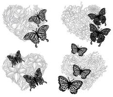 conjunto de arte de tatuagem desenho de borboleta preto e branco vetor