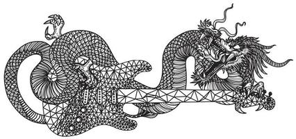 tatuagem arte dragão e guitarra mão desenho e esboço preto e branco vetor