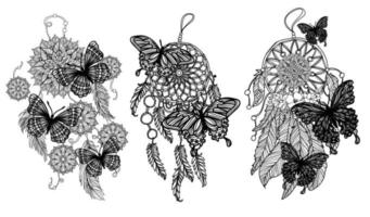 tatuagem arte desenho à mão apanhador de sonhos e borboleta preto e branco vetor