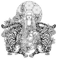 tatuagem arte buda china design em desenho e esboço de mão de lótus e tigre vetor