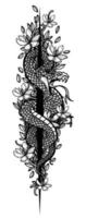 tatuagem arte cobra e desenho de flores e esboço em preto e branco vetor