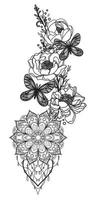 tatuagem arte borboleta e flor esboço preto e branco vetor
