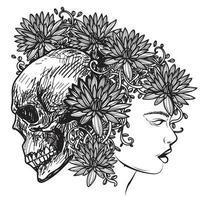 tatuagem arte mulheres flor e caveira mão desenho esboço preto e branco vetor