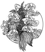 tatuagem arte japão fishs design mão desenho e esboço preto e branco vetor