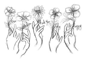 flor na mão desenhando e esboçando preto e branco vetor
