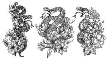 tatuagem arte cobra e desenho de flores e esboço em preto e branco vetor