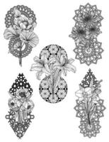 conjunto de flores esboço de mão desenho preto e branco vetor