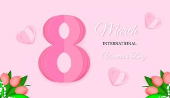 cartão de feriado do dia da mulher 8 de março com tulipas e papel número oito com corações de papel em ilustração vetorial de estilo de corte de papel vetor