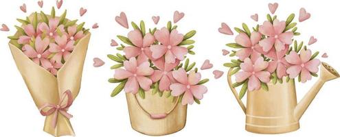 conjunto de clipart de flores cor de rosa desenhados a lápis fofo vetor