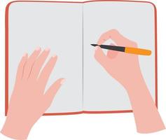 par de mãos escrevendo em um caderno ou diário, segurando uma caneta. isolado no fundo branco. vetor