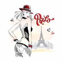 A garota do chapéu bebe café. Modelo de moda em Paris. Torre Eiffel. Composição romântica. Modelo elegante de férias. Vetor