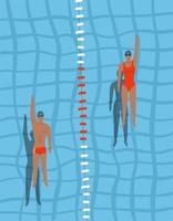 nadadores na vista superior da piscina. homem e mulher nadam nadam nas costas na piscina. competição esportiva. vista de cima. ilustração em vetor design plano.