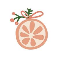 metade ou fatia de uma laranja com um galho de pinheiro, bagas e arco. frutas secas de natal, decoração de inverno. elemento isolado à mão livre. ilustração em vetor plana. apenas 5 cores - fácil de recolorir.