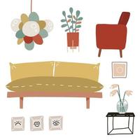 sofá, poltrona, mesa de café, plantas de casa, vaso, lâmpada e parede - conjunto de elementos interiores. detalhes da casa aconchegante em estilo hygge escandinavo. gráfico de vetor desenhado à mão plana.