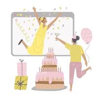 festa de aniversário on-line. amigas virtuais chamada. mulheres comemorando durante o auto-isolamento de quarentena. tela grande com caixas de cale e presente. ilustração vetorial de mão plana desenhada. vetor