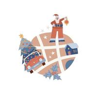 conceito de cartão de natal com mapa de inverno. modelos de infográficos aconchegantes com papai noel, casa, ruas, casa, árvore de natal, decoração. ilustração vetorial desenhada de mão plana. estilo moderno bonito hipster. vetor