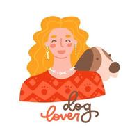 linda jovem de suéter com seu cachorro. citação de letras de amante de animais de estimação. ilustração vetorial plana. vetor