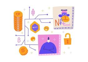 token não fungível ntf desintegrado com esquema de faixas pcb isolado em branco. hnad desenhou composição de fluxograma artístico com imagens de chaves e moedas de valores culturais. ilustração vetorial plana. vetor