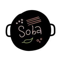 soba, logotipo de macarrão de trigo sarraceno. adesivo de prato tradicional japonês com letras lineares. panela com macarrão, ovos e legumes. menu de restaurante, elemento de design de cartaz vetor