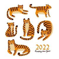 conjunto de tigre dos desenhos animados. personagem animal fofo em poses diferentes. ilustração vetorial plana para estampas fofas, roupas, embalagens, adesivos. símbolo de 2022 ano novo, vetor