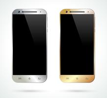 Smartphone realístico da prata e do ouro isolado no fundo branco. Vector design inteligente telefones. Vista frontal do telefone móvel