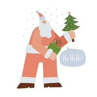 cartão de saudação de vetor com papai noel segurando caixa de presente e abeto. personagem da moda com cabeça pequena para pôster, banner web ou mídia social. ilustração vetorial plana com frase de letras hohoho