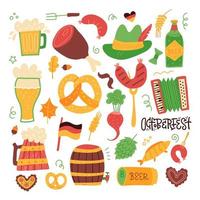 clip art oktoberfest set - salsicha grelhada, salsicha em um garfo, copo de cerveja, lata de cerveja, bandeira alemã, pretzel macio, bigode, barril de madeira isolado no branco. ilustração vetorial plana. vetor