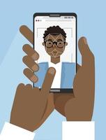 reconhecimento facial. identificação de rosto, sistema de reconhecimento de rosto. duas mãos afro-americanas segurando smartphone com cabeça humana masculina negra na tela. elementos de aplicativo gráfico de design plano. ilustração vetorial vetor