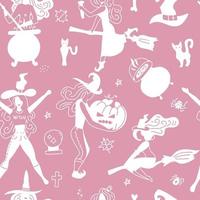 padrão sem emenda de halloween para meninas. jovem bruxa rosa ilustração de halloween para fundo feminino de crianças. vetor