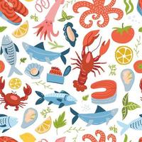 animal marinho definir padrão perfeito com, caranguejo rei, lagosta e peixe. ornamento de frutos do mar. texturas repetidas coloridas bonitas em estilo simples de vetor plana. perfeito para design de tecido e papel de parede.