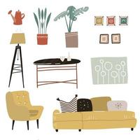 elementos de design de interiores na moda. móveis modernos para sala de estar - sofá, poltrona, tripé, mesa de centro, plantas e fotos. ilustração vetorial desenhada à mão plana vetor