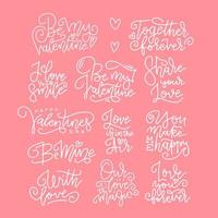 conjunto de frases vetoriais para cartões de design no dia dos namorados. ilustração em um estilo linear desenhado à mão. letras caligráficas em um fundo rosa vetor