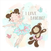 Menina pequena da bailarina que dança com um urso. Eu amo dançar. Inscrição. Vetor