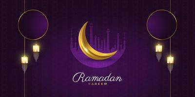 design de fundo ramadan kareem com lua crescente dourada, lanternas e silhueta de mesquita. bandeira de saudação islâmica vetor