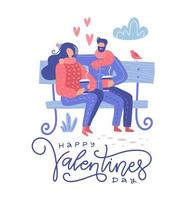lindo casal romântico sentado em um banco no parque e bebendo café, cena linda de primavera. cartão de dia dos namorados. ilustração vetorial plana. vetor