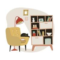 poltrona aconchegante amarela e armário de livros com estantes. interior de casa escandinavo com gato. ilustração vetorial de mão plana desenhada. vetor