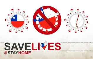 célula coronavírus com bandeira e mapa do chile. pare o sinal covid-19, slogan salve vidas fique em casa com bandeira do chile vetor
