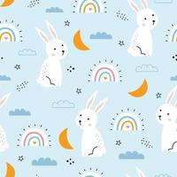 viveiro de padrão de coelho sem costura com o céu e arco-íris em fundo azul para impressão, papel de parede, têxtil, ilustração vetorial vetor