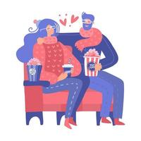 casal fofo no cinema está assistindo a um filme. homem e mulher apaixonados sentados em poltronas vermelhas para saudações e convites de férias de casamento ou dia dos namorados. ilustração vetorial de mão plana desenhada. vetor