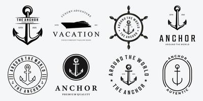 conjunto de logotipo de vetor de distintivo de luxo de iate de navio âncora, design vintage de ilustração do conceito de transporte de água