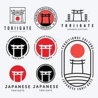 conjunto ou pacote de design de vetor de logotipo de portão torii emblema de arte de linha de ilustração vintage, conceito de cultura tradicional japonesa