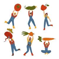 pequenos homens e mulheres carregando vegetais e raízes gigantes, personagens de homens e mulheres agricultores colhendo conjunto. ilustração vetorial plana desenhada à mão vetor